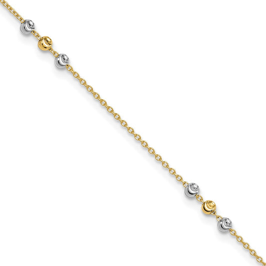 14K Two-Tone Gold Two-tone Diamond-cut Beaded 4-Station 9 Inch Plus 1 Inch Extender - Total 10 Inch Anklet