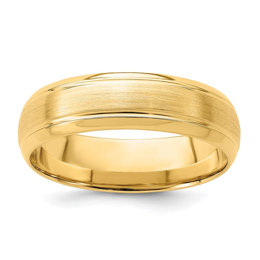 14K Yellow Gold 6mm Standard Weight Comfort Fit Brushed Satin Line Edge Wedding Band Ring