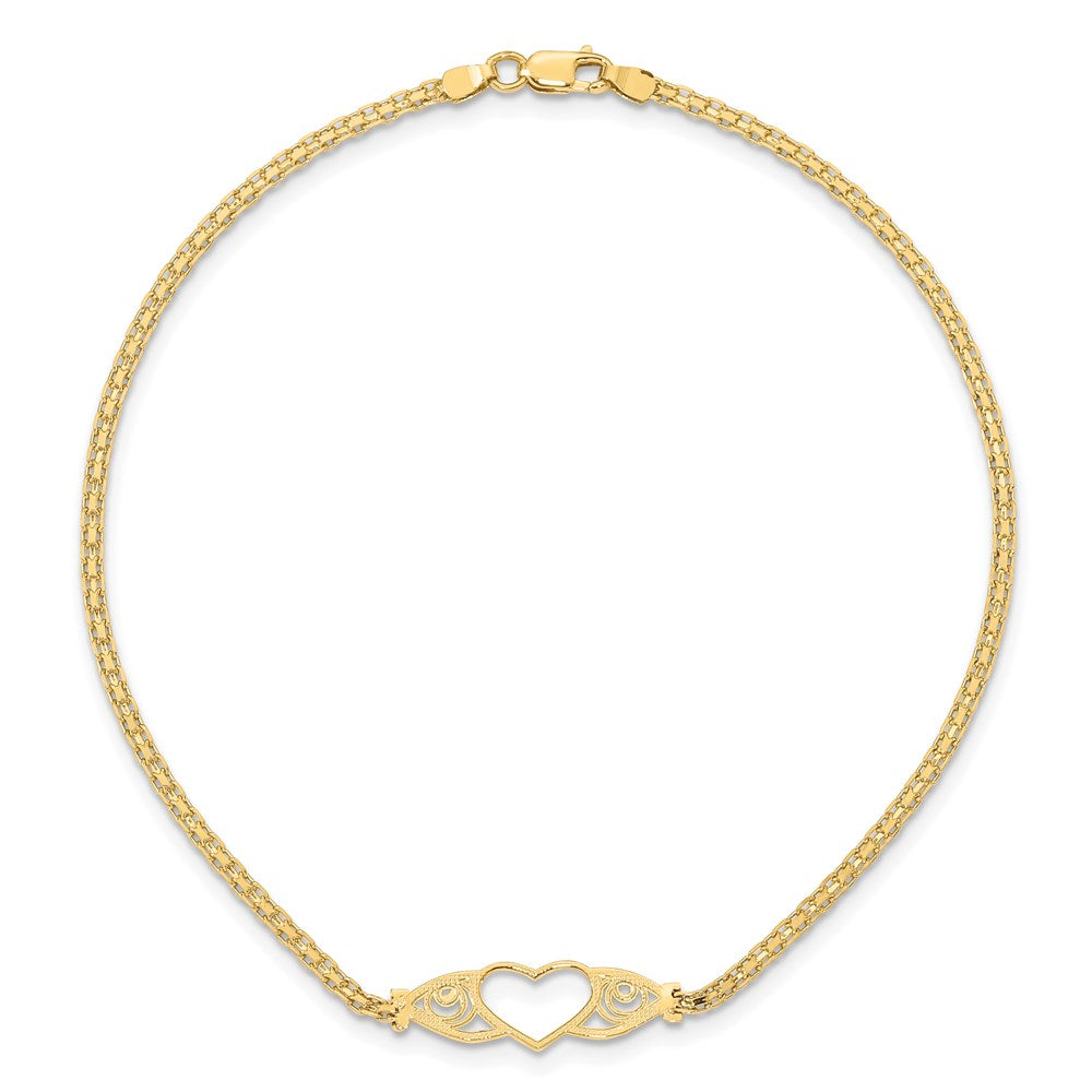 14K Yellow Gold Polished Open Heart with Filigree and Bismark Chain 10 Inch Anklet