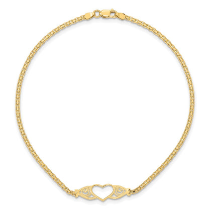 14K Yellow Gold Polished Open Heart with Filigree and Bismark Chain 10 Inch Anklet