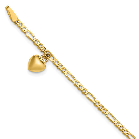 14K Yellow Gold Figaro Link Chain with Dangling Puffed Heart 9 Inch Anklet