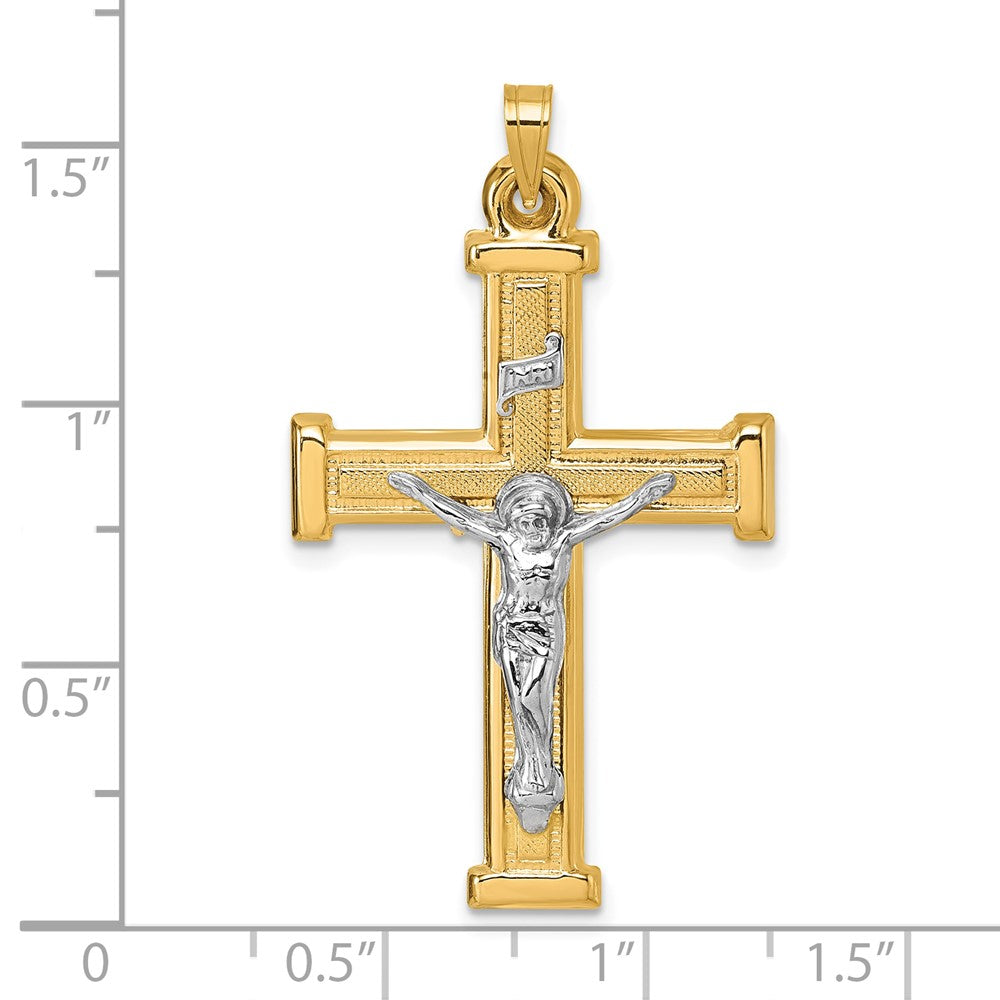 14K Yellow Gold with Rhodium Polished and Textured INRI Crucifix Cross Pendant