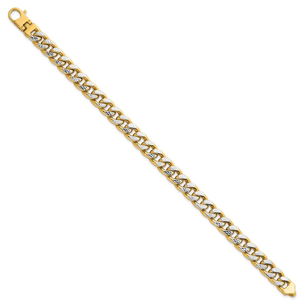 14K Yellow Gold with Rhodium Pave Textured 8.5mm Flat Curb Chain 8.5 Inch Mens Bracelet