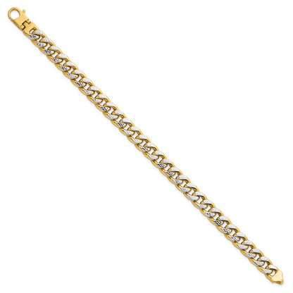 14K Yellow Gold with Rhodium Pave Textured 8.5mm Flat Curb Chain 8.5 Inch Mens Bracelet