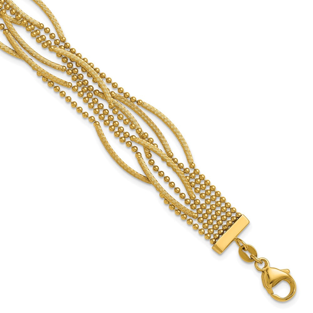 14K Yellow Gold Polished and Textured Multi Strand Beaded 7.25 Inch Bracelet