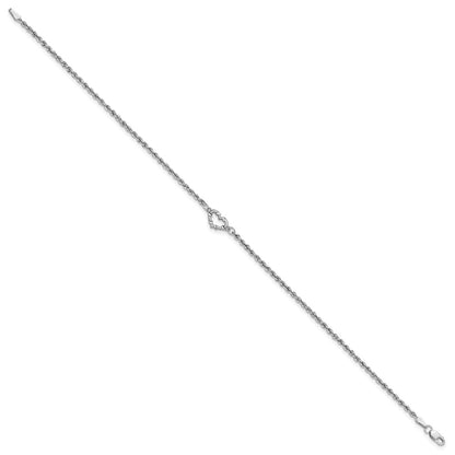 14K White Gold Diamond-cut Open Heart and Rope Chain 9 Inch Anklet