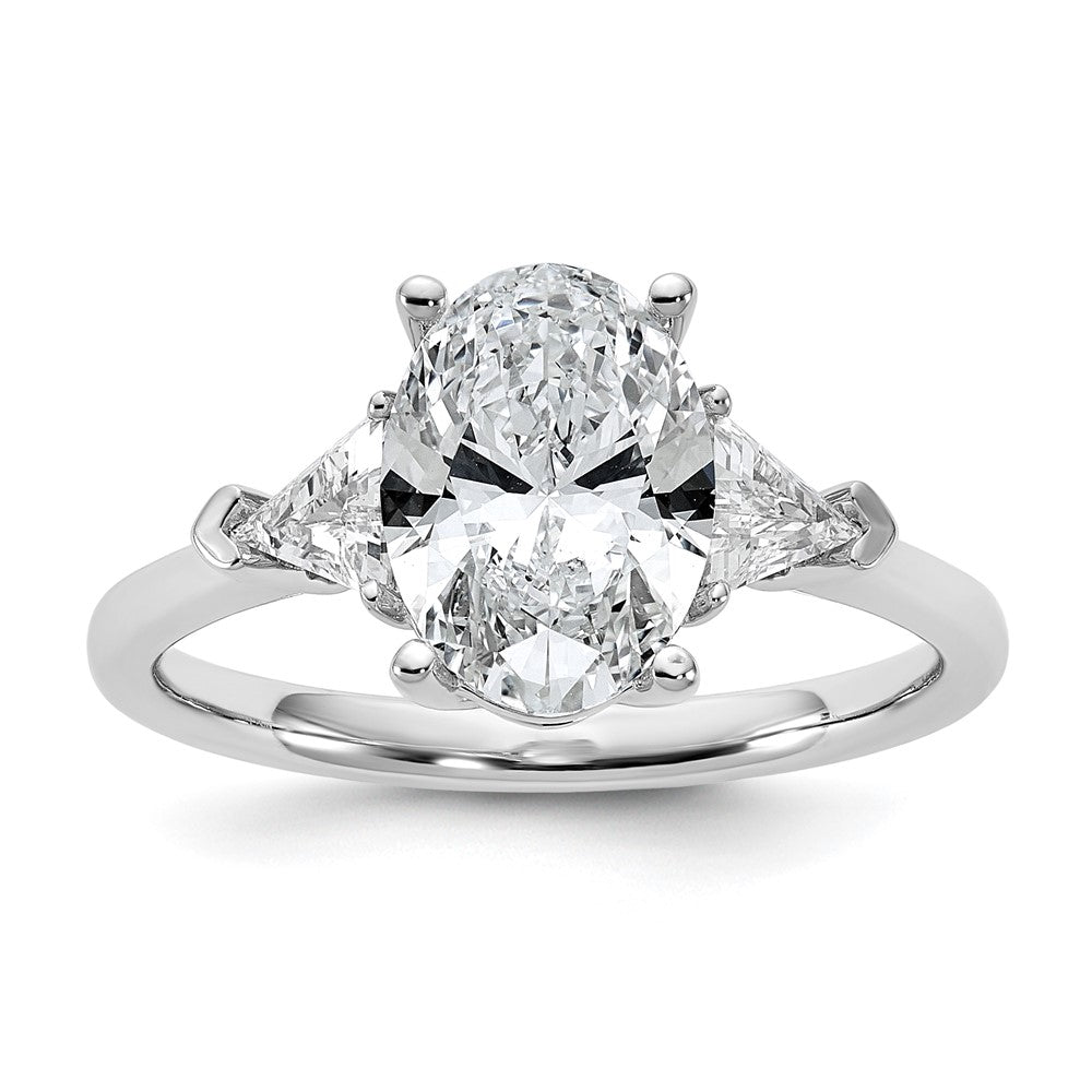 14K White Gold 1/2 carat Lab Grown Diamond VS+ F+ Trillion and 2 carat Oval Center Semi Mount Three Stone Engagement Ring