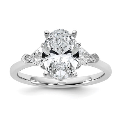 14K White Gold 1/2 carat Lab Grown Diamond VS+ F+ Trillion and 2 carat Oval Center Semi Mount Three Stone Engagement Ring