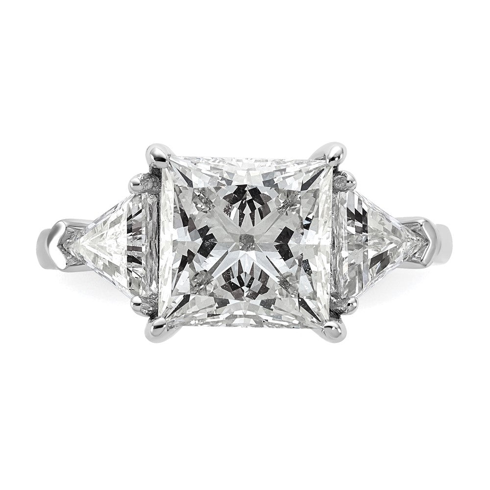 14K White Gold 1 1/8 carat Lab Grown Diamond VS/SI+ G+ Trillion and 3 carat Princess Center Semi Mount Three Stone Engagement Ring