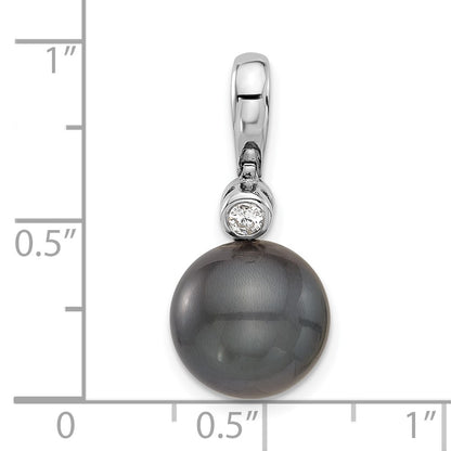 14K White Gold 11-12mm Black Round Tahitian Saltwater Cultured Pearl and .05 Carat Diamond Pendant