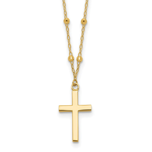 14K Yellow Gold Mirror Beaded Chain with Polished Cross Pendant 16.25 Inch Necklace Plus 2 Inch Extender