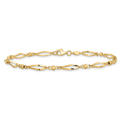 14K Yellow Gold Polished Twisted Oval and Mirror Beads 9 Inch Anklet