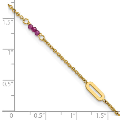 14K Yellow Gold Polished Red Corundum Beads and Ovals 9 Inch Plus 1 Inch Extender - Total 10 Inch Anklet