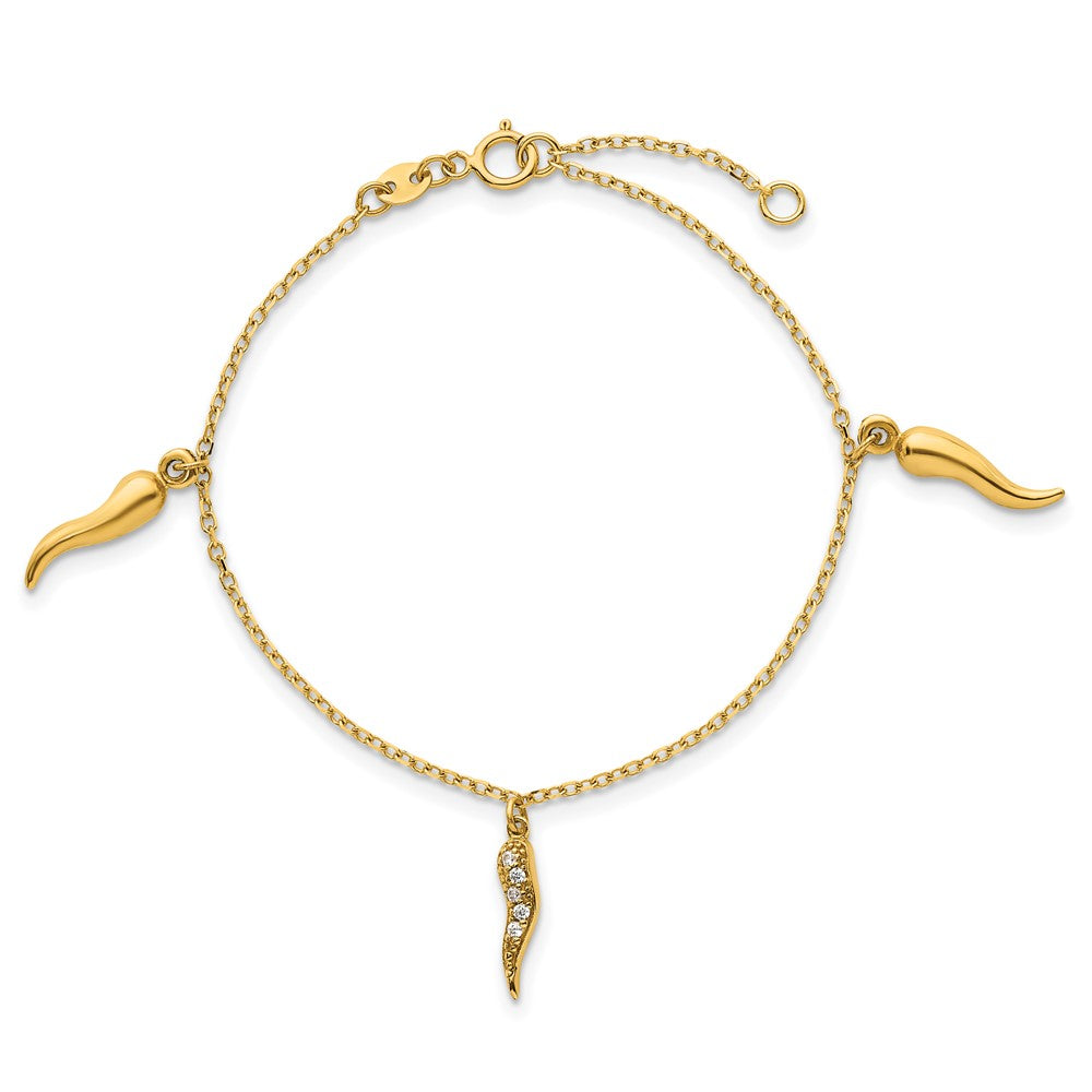 14K Yellow Gold Polished CZ Three Italian Horn Dangles 5.75 Inch Childrens Bracelet Plus 0.75 Inch Extender