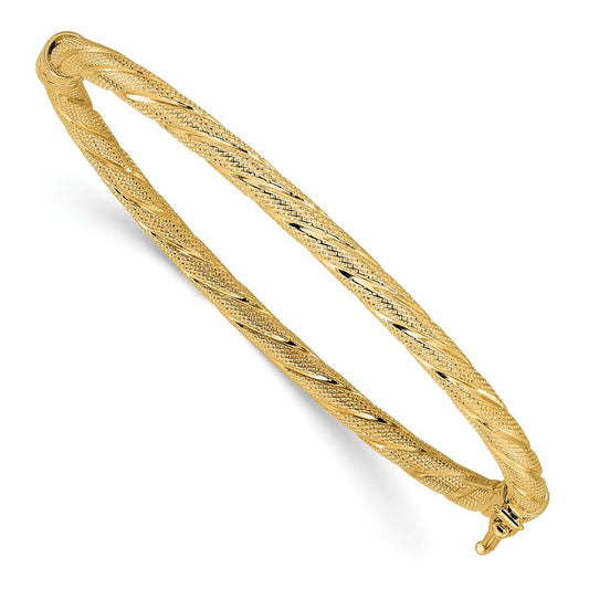 10K Yellow Gold Polished and Textured Twisted Hinged Bangle