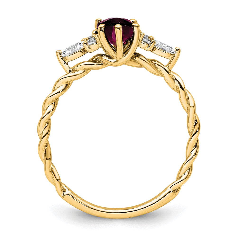 14K Yellow Gold Diamond and 7x5 Oval June/Rhodolite Garnet Size 7 Twisted Ring