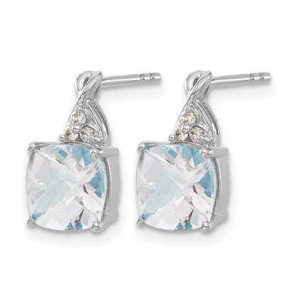14K White Gold 7mm Cushion Checkerboard March/Aquamarine and Diamond Post Earrings