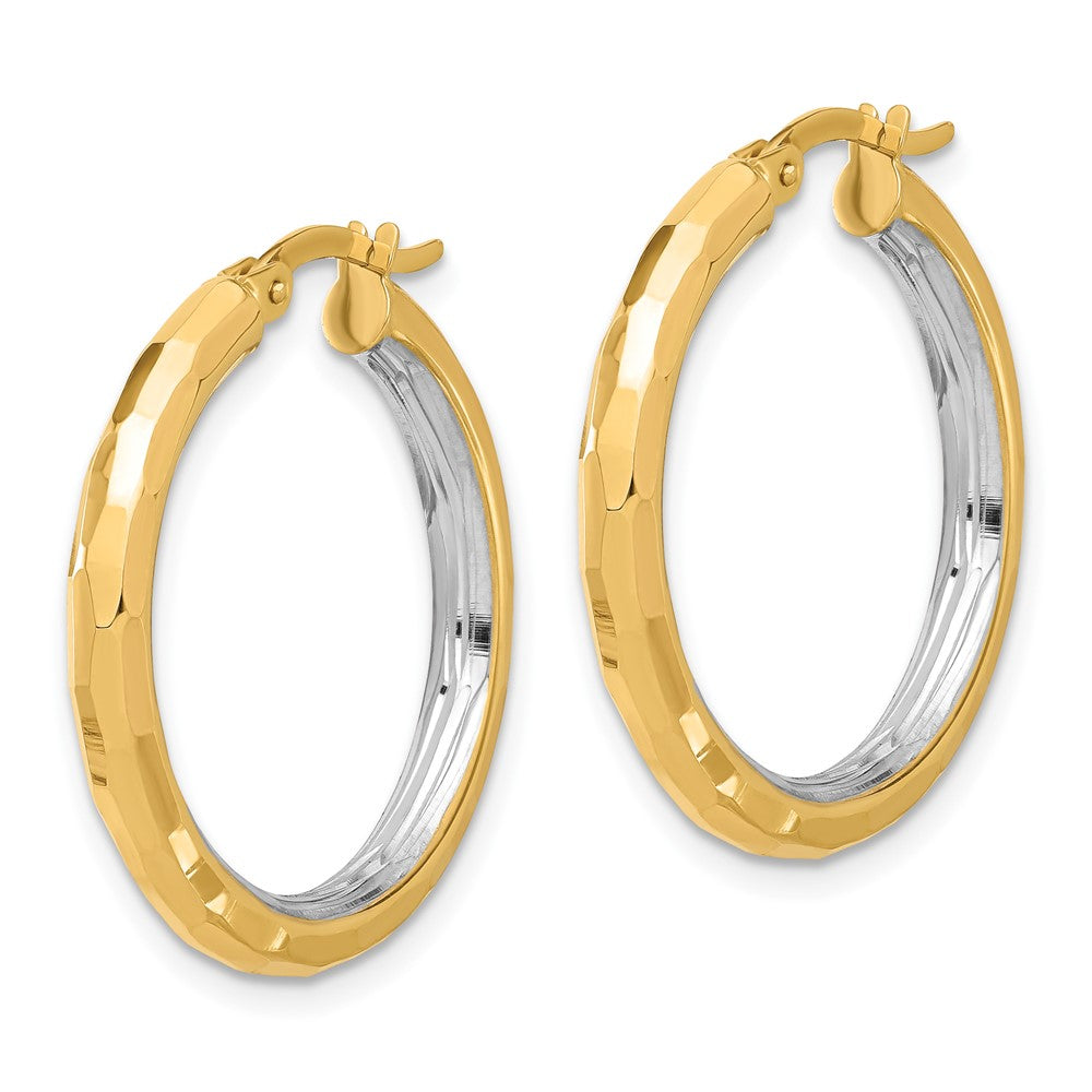 14K Yellow Gold with Rhodium Polished and Diamond-cut Hoop Earrings