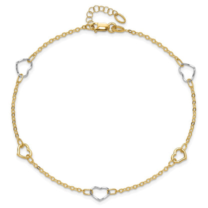 14K Two-Tone Gold Two-tone Polished Open Hearts 5-Station 9 Inch Plus 1 Inch Extender - Total 10 Inch Anklet