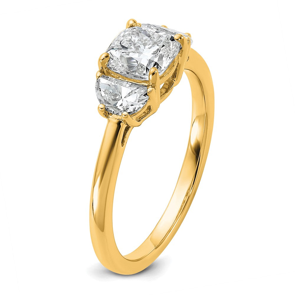 14K Yellow Gold 3/8 carat Lab Grown Diamond VS/SI+ G+ Half Moon and 1 carat Cushion Center Semi Mount Three Stone Engagement Ring