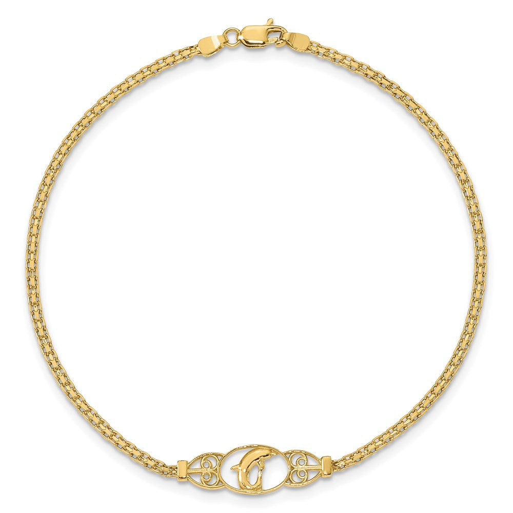 14K Yellow Gold Polished Dolphin and Filigree Bismark Chain 9 Inch Anklet