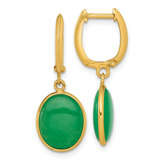 14K Yellow Gold Polished Oval Jade Cabochon Dangle Hinged Hoop Earrings