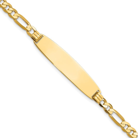 14K Yellow Gold Polished Solid Chain/Solid Plate Figaro Link Rounded 33x8.4mm Plate 7 Inch ID Bracelet