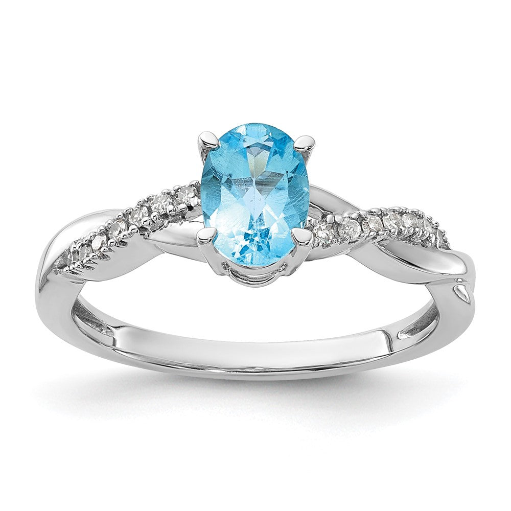 14K White Gold 7x5 Oval December/Blue Topaz and Diamond Size 7 Ring