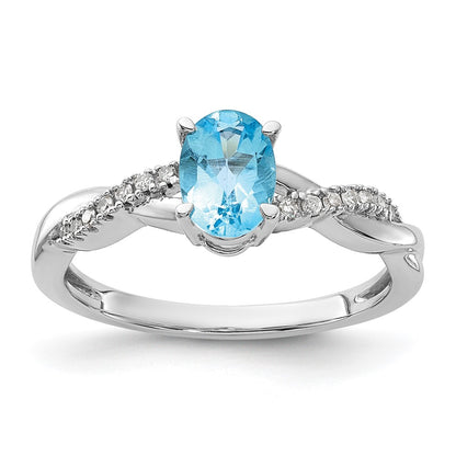 14K White Gold 7x5 Oval December/Blue Topaz and Diamond Size 7 Ring