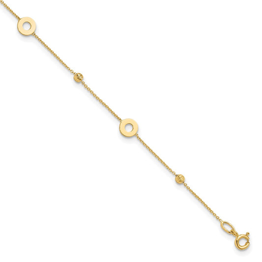 14K Yellow Gold Circles and Beads 9 Inch Plus 1 Inch Extender - Total 10 Inch Anklet