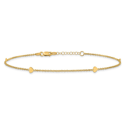 14K Yellow Gold Polished Hearts 4-Station 10 Inch Plus 1 Inch Extender - Total 11 Inch Anklet