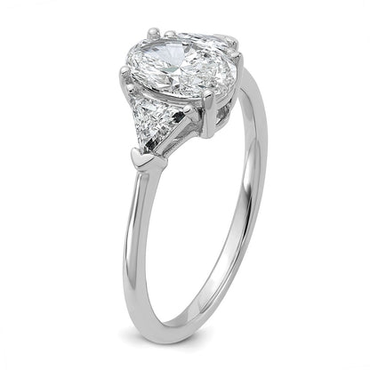 14K White Gold 1/2 carat Lab Grown Diamond VS+ F+ Trillion and 1 carat Oval Center Semi Mount Three Stone Engagement Ring