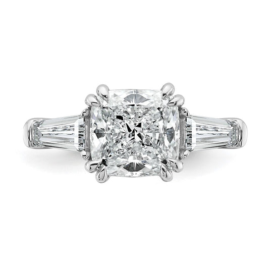 14K White Gold 3 1/5 carat Lab Grown Diamond VS+ F+ Cushion and Tapered Baguette Complete Three Stone Engagement Ring