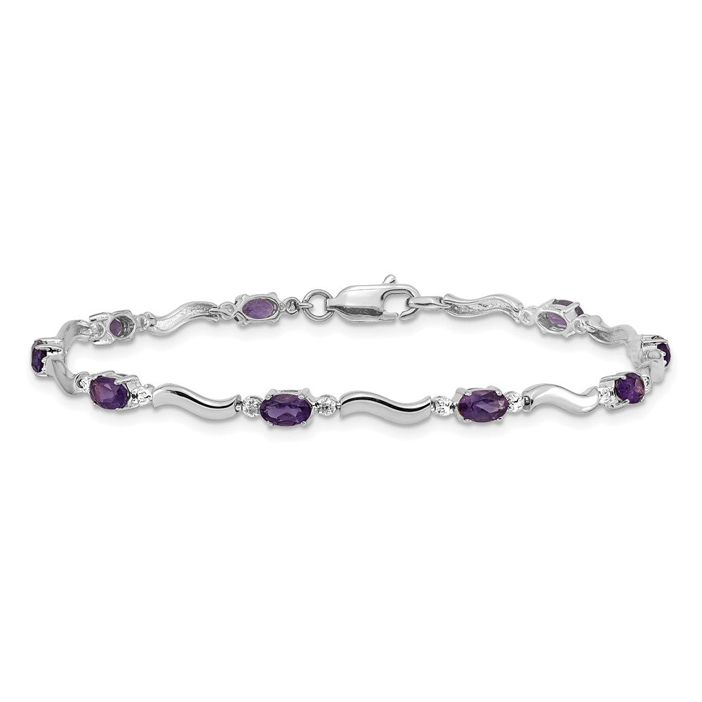 14K White Gold Complete Diamond and Oval Amethyst Wavy Link 7 Inch Bracelet
