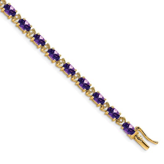 14K Yellow Gold Complete Oval Amethyst and Diamond 7 Inch Bracelet