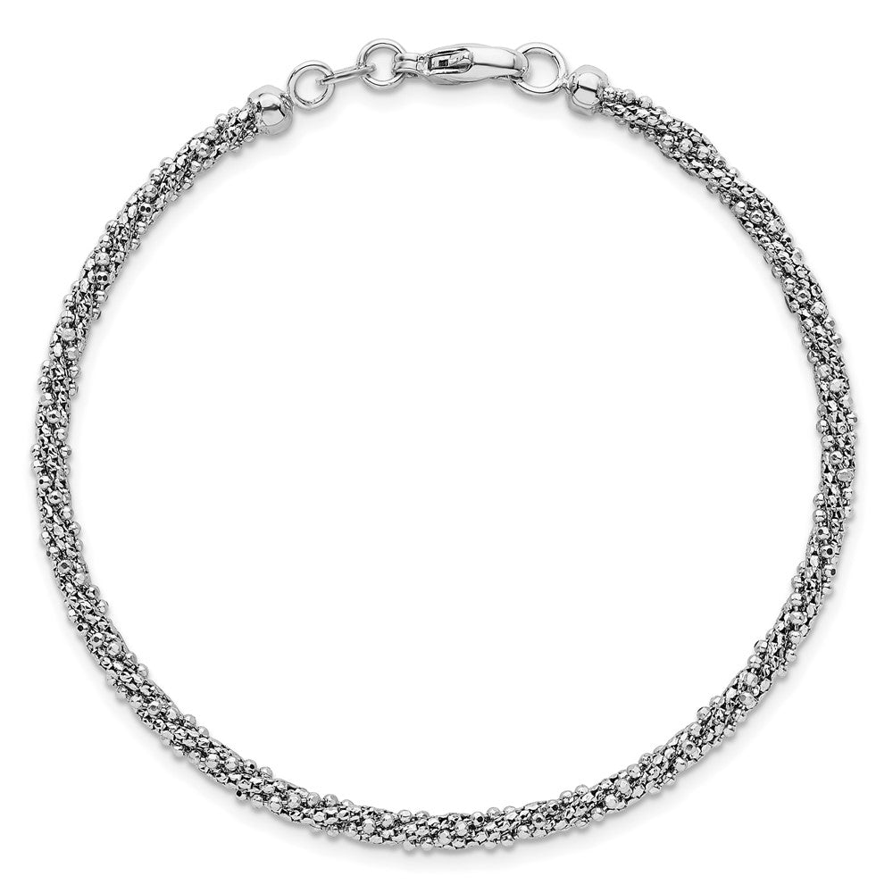 14K White Gold Polished and Textured 3mm Twisted Mesh Fancy Beaded 7.75 Inch Bracelet