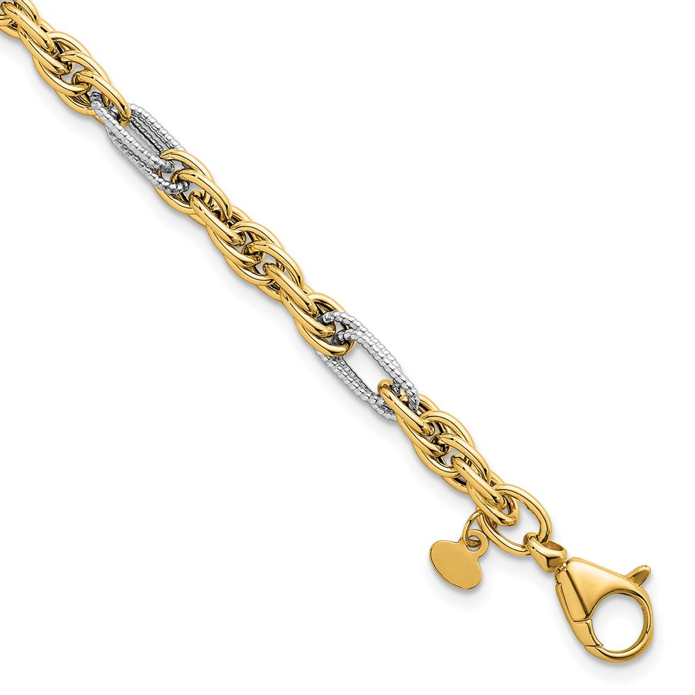 14K Yellow Gold with Rhodium Polished 4.2mm Fancy Rope Chain 7.5 Inch Bracelet