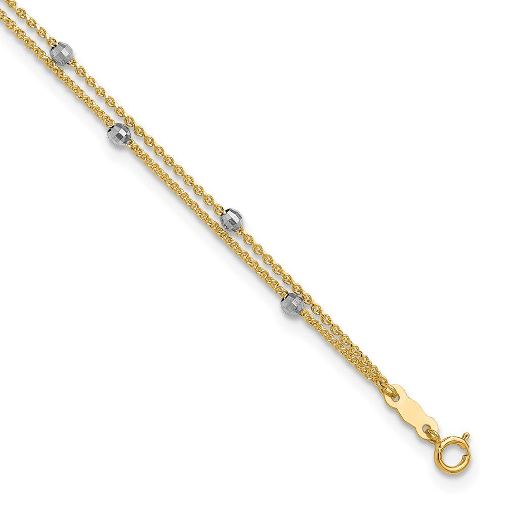 14K Two-Tone Gold Two-tone 2-Strand Chain with Mirror Beads 9 Inch Plus 1 Inch Extender - Total 10 Inch Anklet