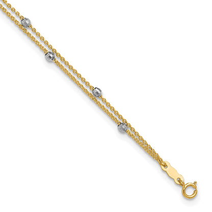 14K Two-Tone Gold Two-tone 2-Strand Chain with Mirror Beads 9 Inch Plus 1 Inch Extender - Total 10 Inch Anklet