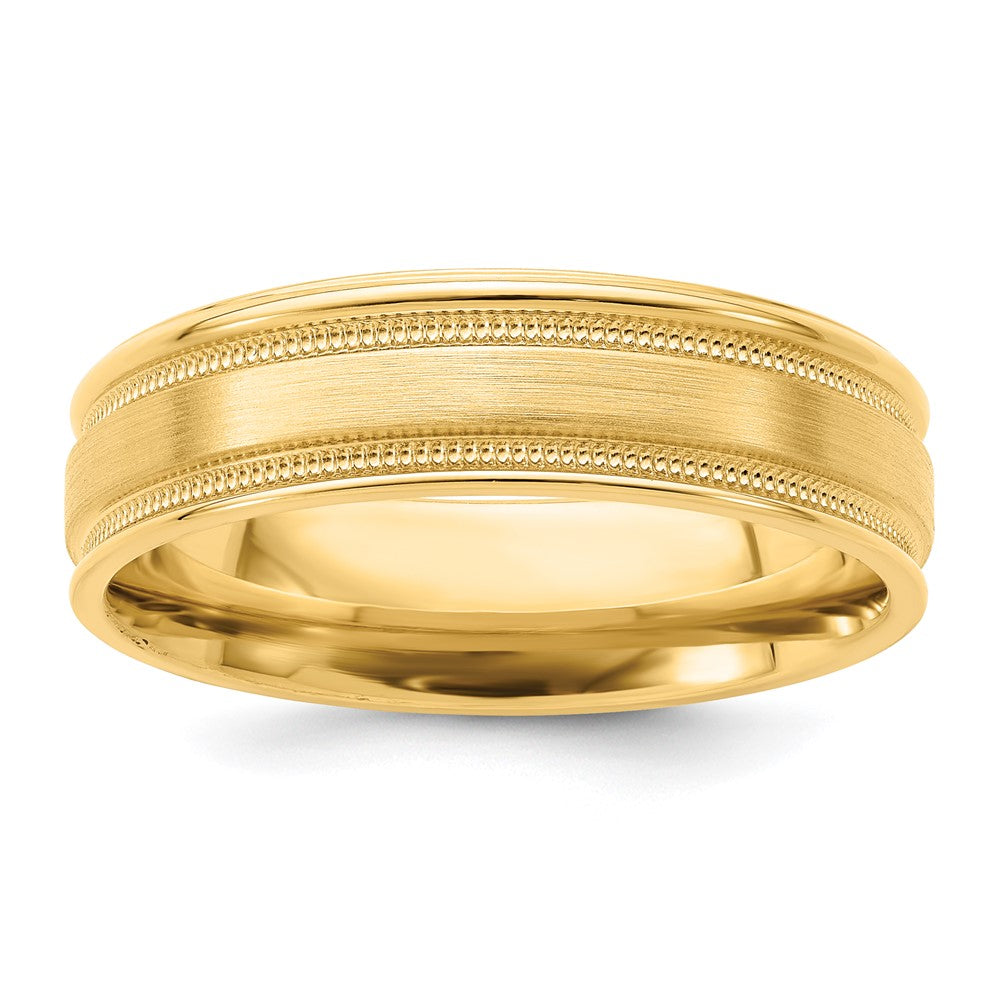 14K Yellow Gold 6mm Standard Weight Comfort Fit Brushed Satin/Polished Milgrain Grooved Edge Wedding Band Ring