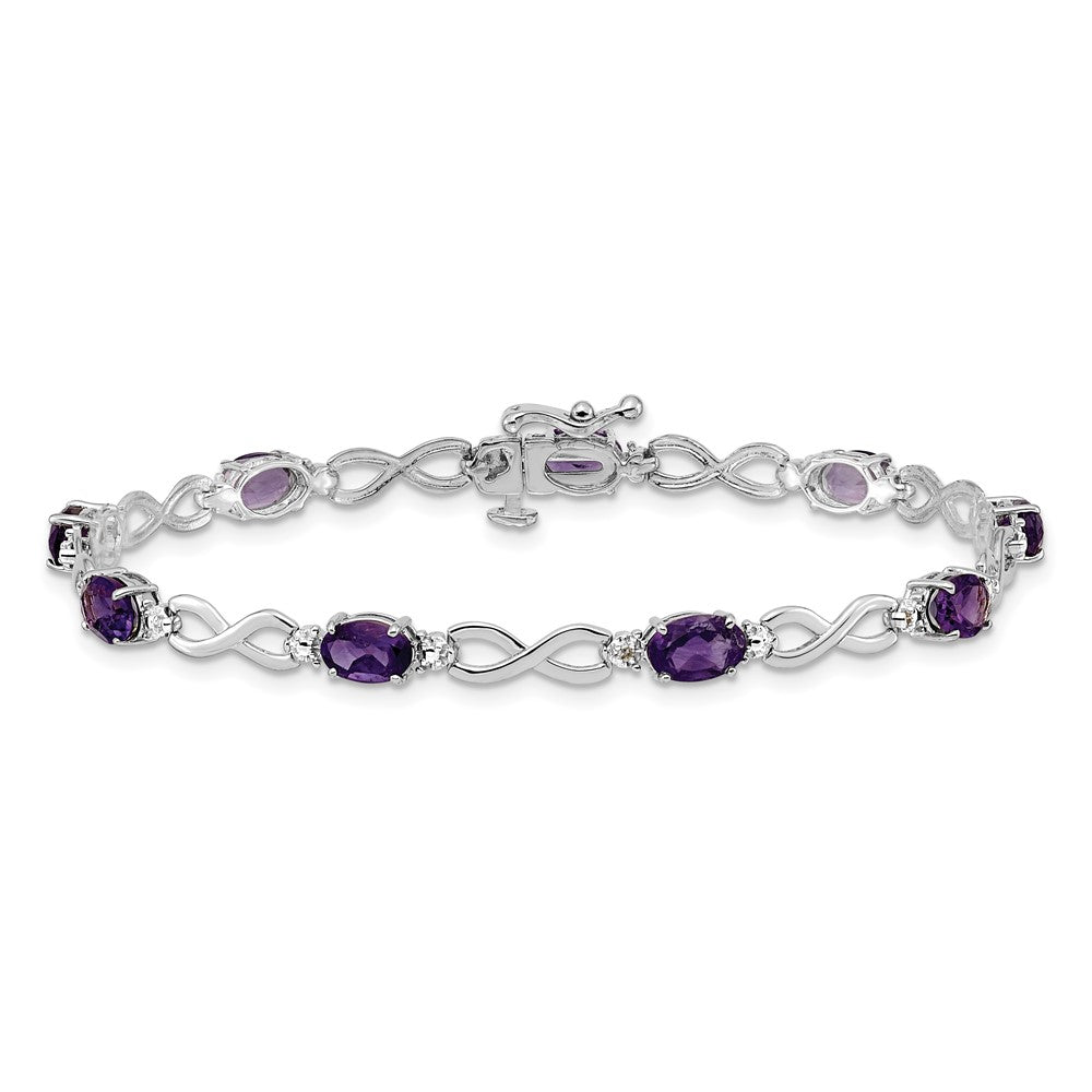 14K White Gold Complete Oval Amethyst and Diamond Infinity Link 7 Inch Bracelet