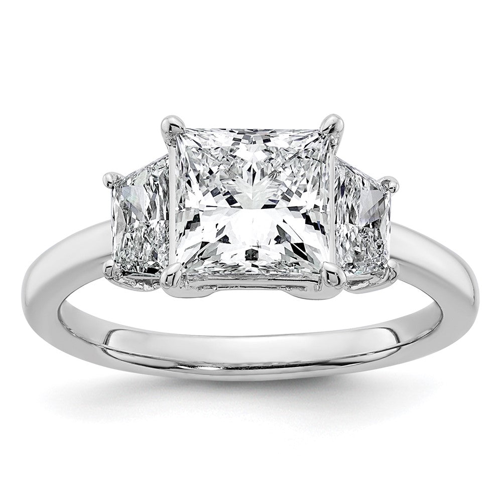 14K White Gold 2 3/4 carat Lab Grown Diamond VS+ F+ Princess and Trapezoid Complete Three Stone Engagement Ring