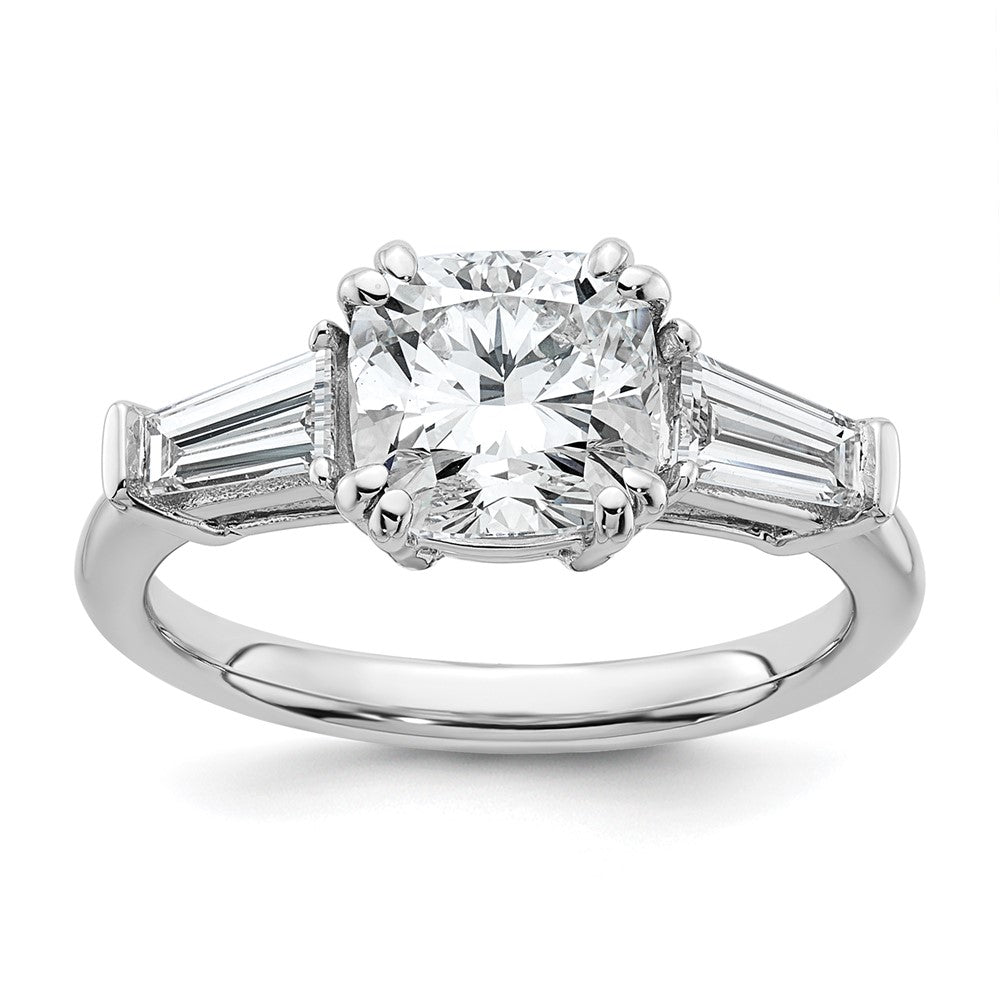 14K White Gold 5/8 carat Lab Grown Diamond VS+ F+ Tapered Baguette 2 carat Cushion Center Semi Mount Three Stone Engagement Ring