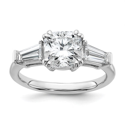 14K White Gold 5/8 carat Lab Grown Diamond VS+ F+ Tapered Baguette 2 carat Cushion Center Semi Mount Three Stone Engagement Ring
