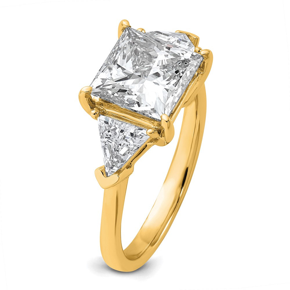 14K Yellow Gold 4 1/8 carat Certified Lab Grown Diamond VS/SI+ G+ Princess and Trillion Complete Three Stone Engagement Ring