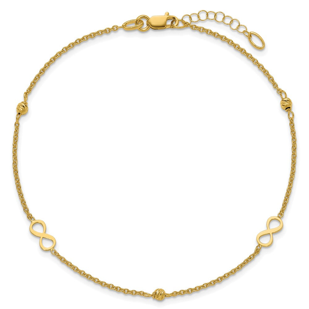 14K Yellow Gold Infinity and Diamond-cut Bead 9 Inch Plus 1 Inch Extender - Total 10 Inch Anklet