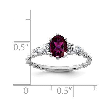 14K White Gold Diamond and 7x5 Oval June/Rhodolite Garnet Size 7 Twisted Ring