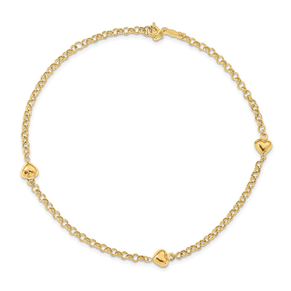 14K Yellow Gold Polished Puffed Heart 3-Station 10 Inch Anklet