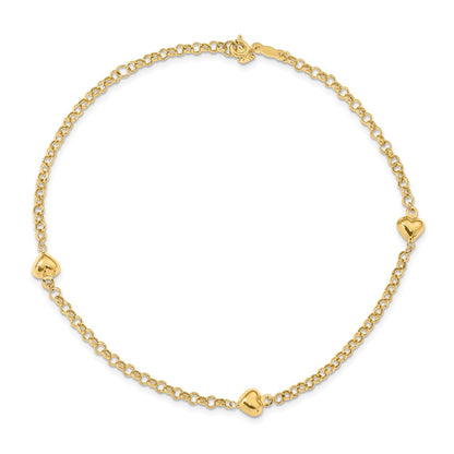 14K Yellow Gold Polished Puffed Heart 3-Station 10 Inch Anklet