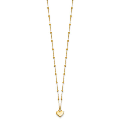 14K Yellow Gold Polished Heart Pendant and Beaded Chain 16 Inch Necklace Plus 2 Inch Extender